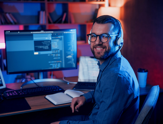 Man looking into the camera, with financial data on screen